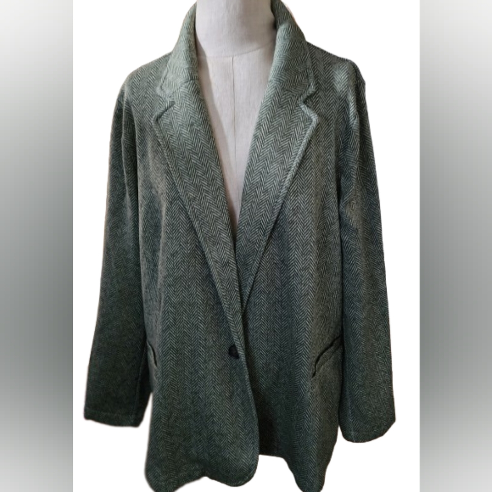 Lands End Size 2x Sweater Fleece Jackwt blazer in green herringbone stretch. NWT